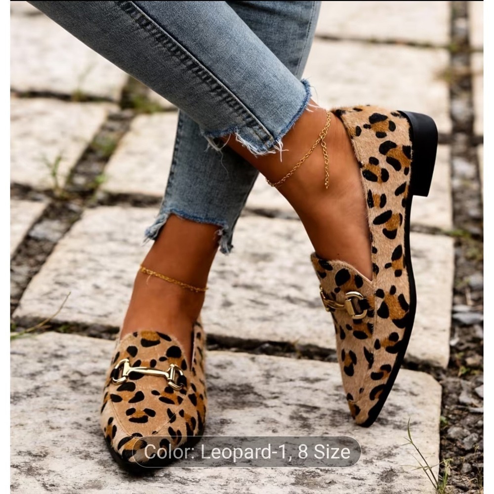 Animal Print Flats US 8 Brown Black Pointed Toe Preppy Slip On Loafer Shoes